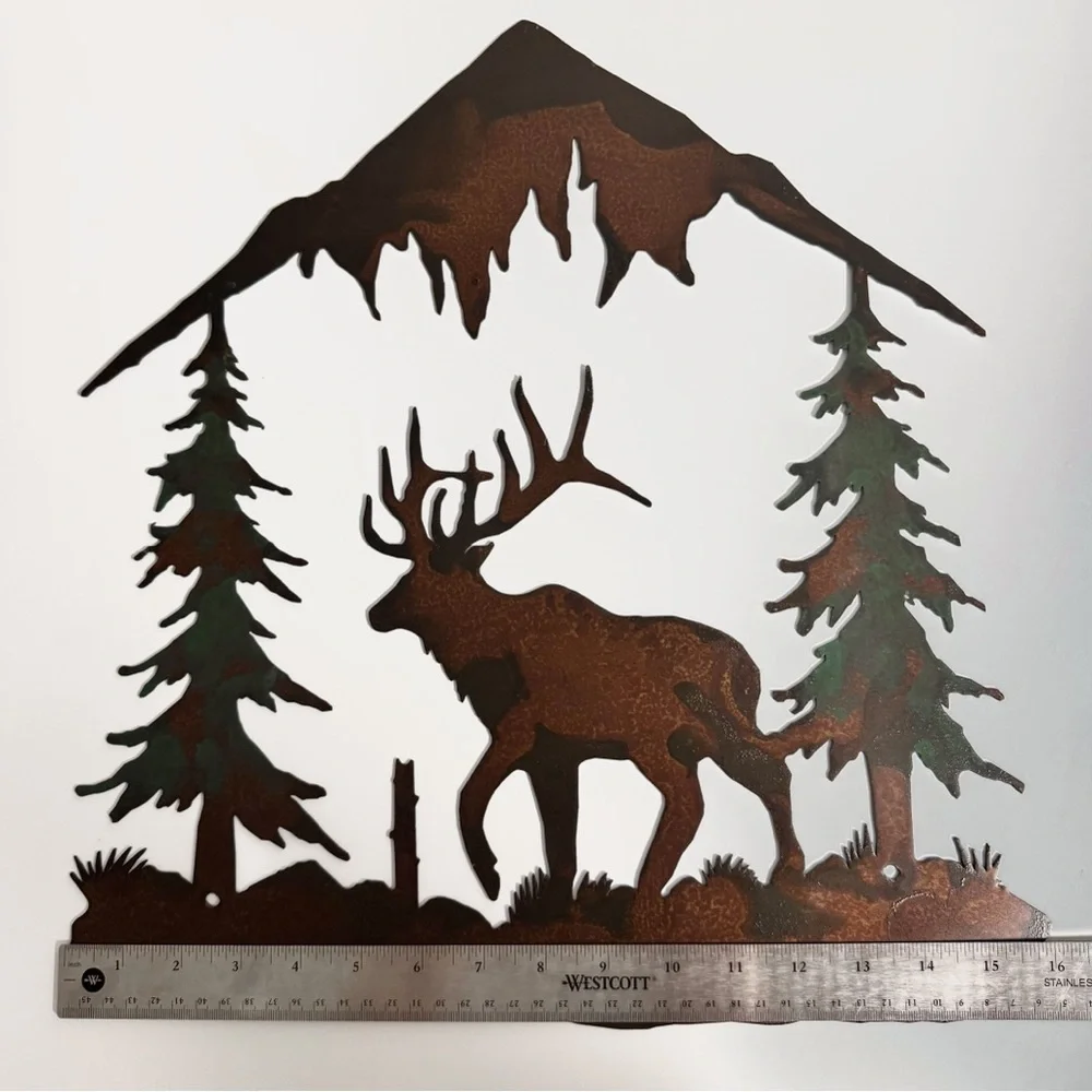 Rustic Elk Metal Wall Art with Trees and Mountains Rust-Finished